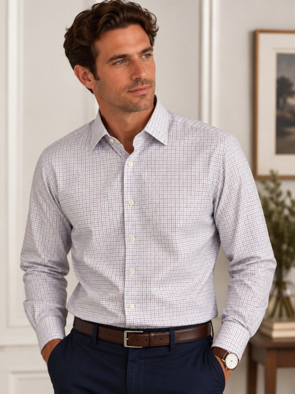 Fine Check Long-Sleeve Dress Shirt